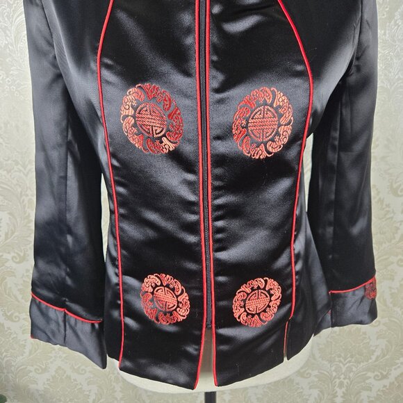 VuahongMei Size Medium Black Satin Zip Front Blazer Red Accents Asian Design - Picture 5 of 13